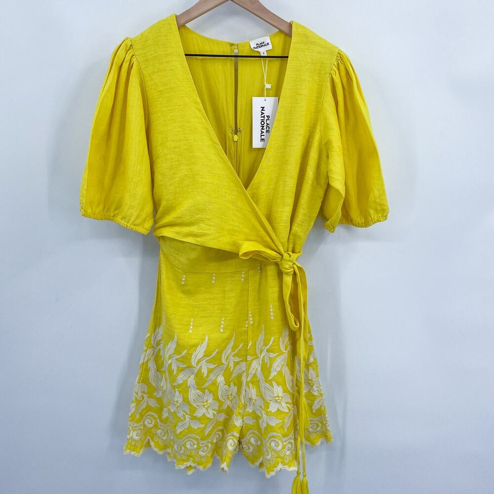 Place Nationale Daloa Linen‎ Wrap-Front Embroidered Romper in Yellow Size 2 NWT